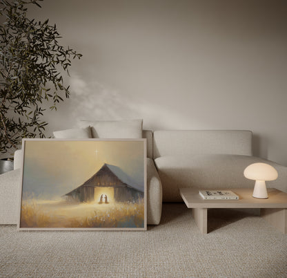 Contemporary spiritual artwork of baby Jesus with Mary and Joseph in a barn, soft impressionist brushwork, warm neutral colors, and glowing divine light.