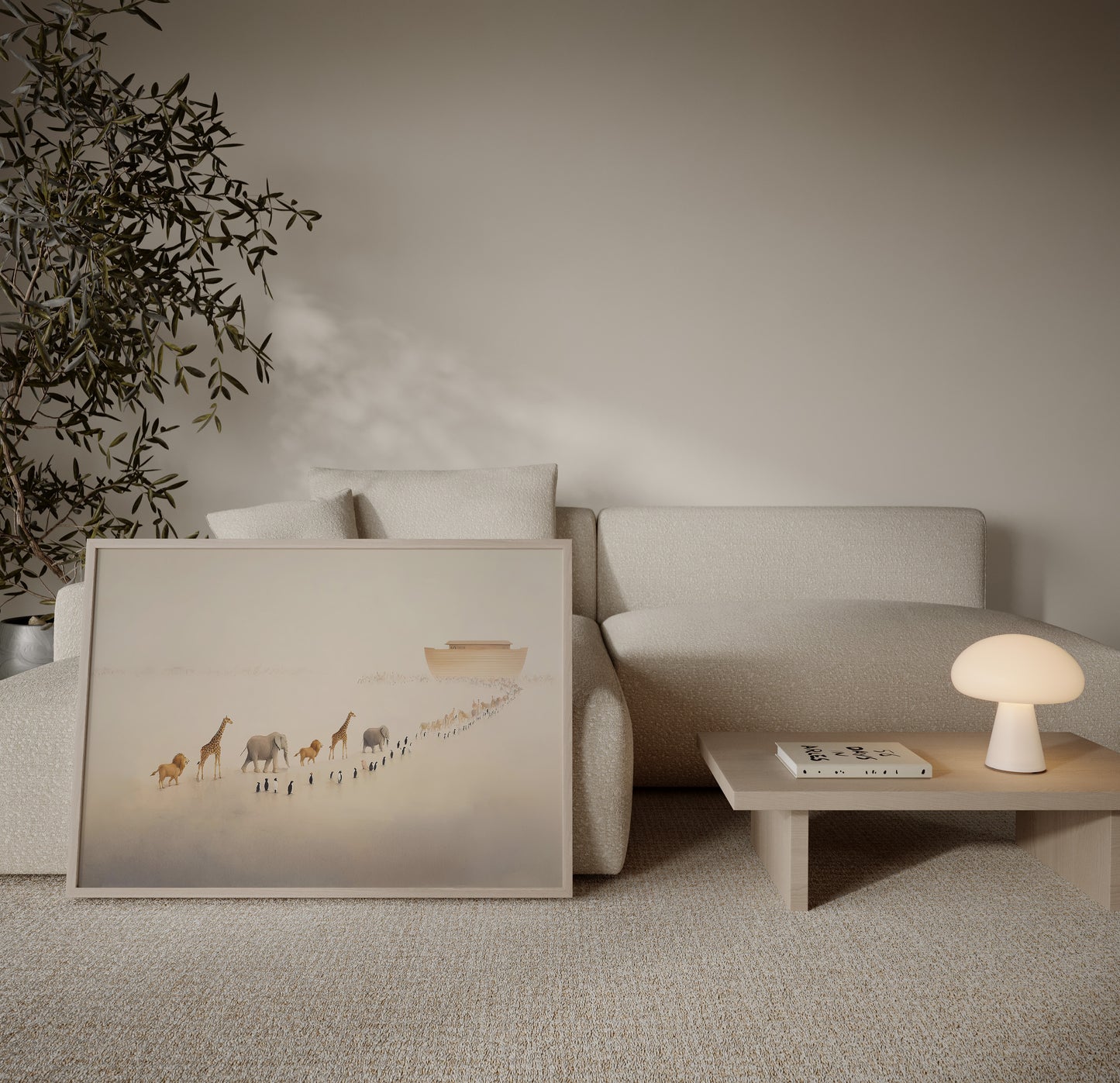 Spiritual Christian artwork depicting Noah’s Ark and animals walking in pairs toward the ark, using gentle brushstrokes and harmonious, muted colors.