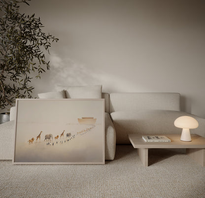 Spiritual Christian artwork depicting Noah’s Ark and animals walking in pairs toward the ark, using gentle brushstrokes and harmonious, muted colors.