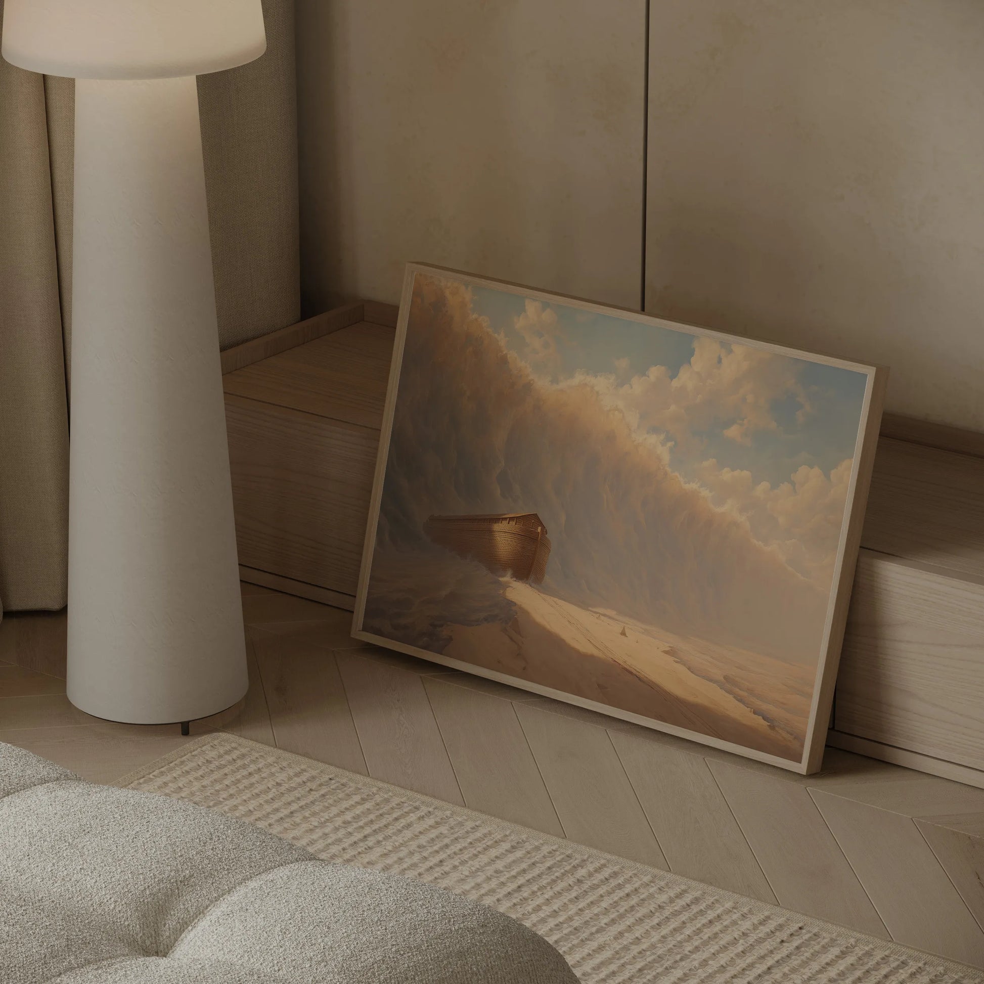 Noah's Ark and the rising waters biblical art print with golden sand tones styled in a contemporary Scandinavian interior