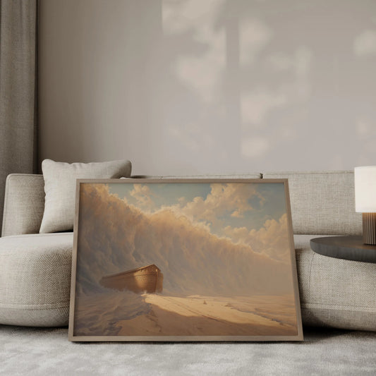 The Great Deluge Noah's Ark wall art print in a gold frame leaning against a modern beige sofa – biblical home decor by JesusArtworks