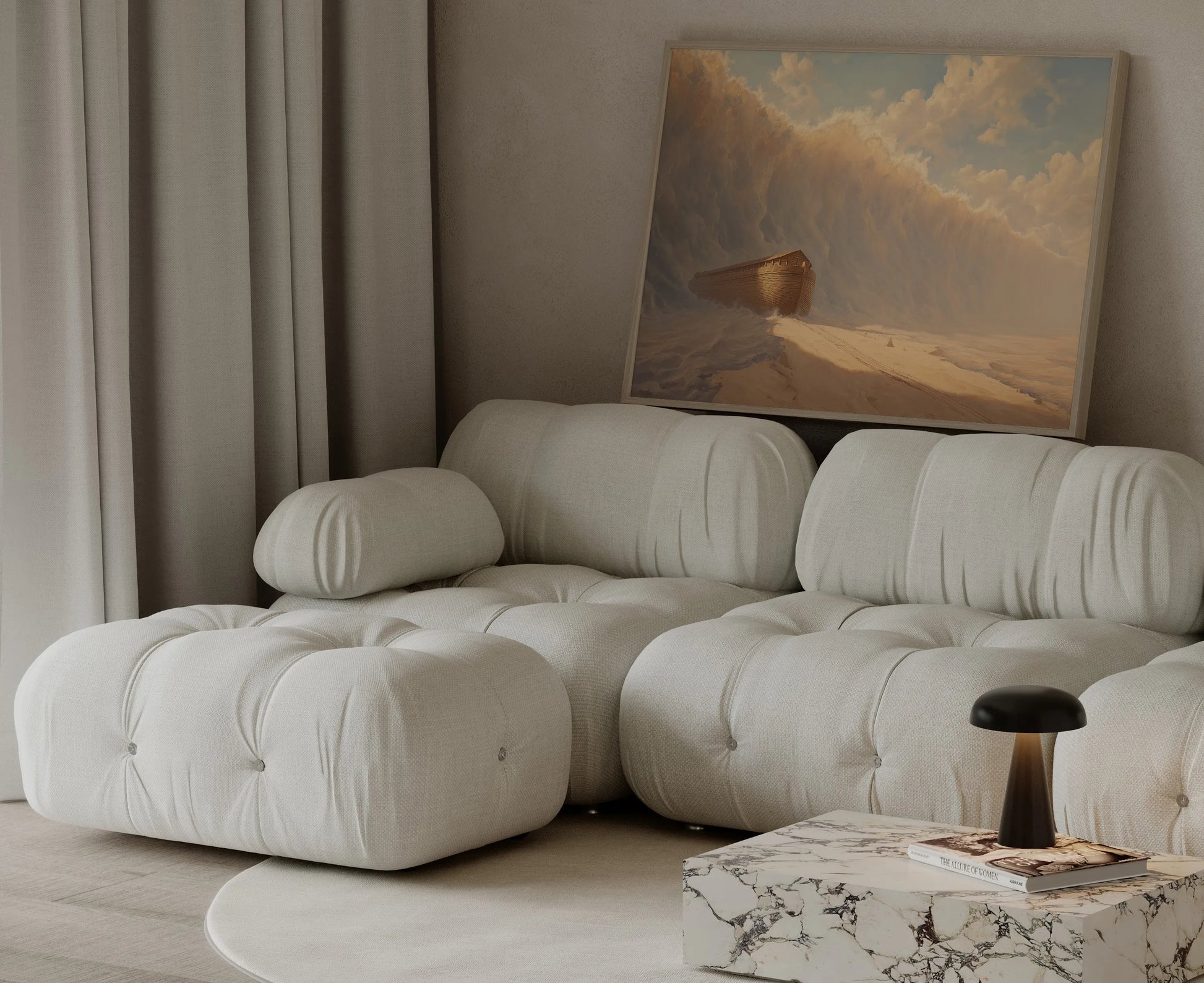 Dramatic Genesis flood painting showing the Ark before a towering wall of water, framed and leaning beside a cream couch