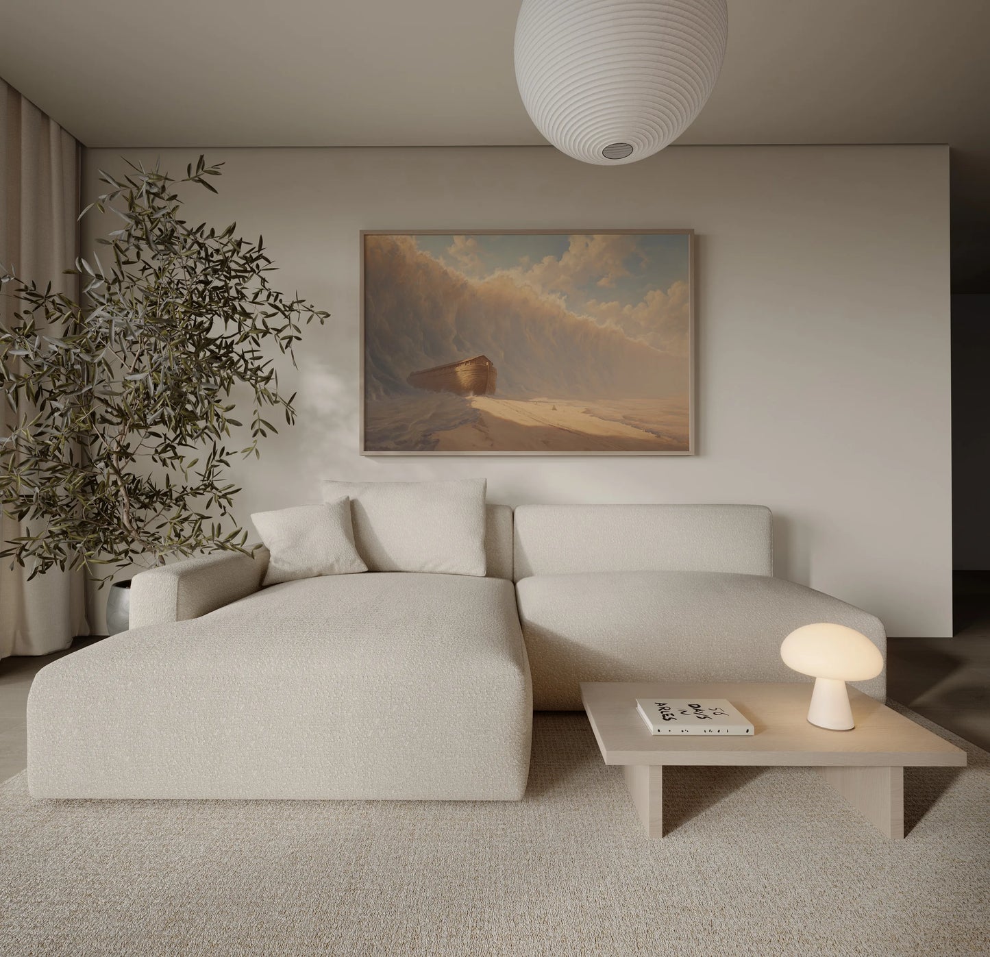 Framed painting of Noah's Ark with a massive wave rising behind it displayed in a neutral minimalist living room