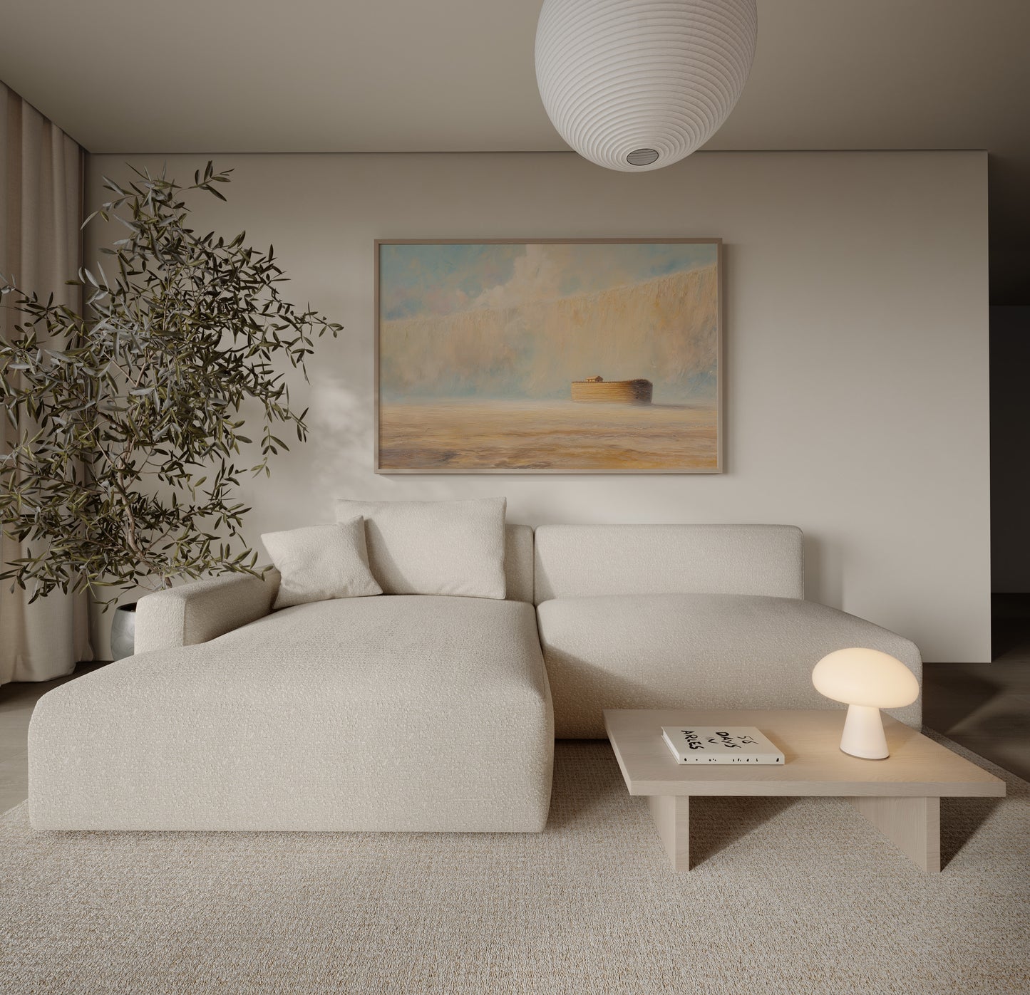 Ethereal Genesis flood painting showing Noah's Ark beneath an immense waterfall, framed and displayed beside a cream couch