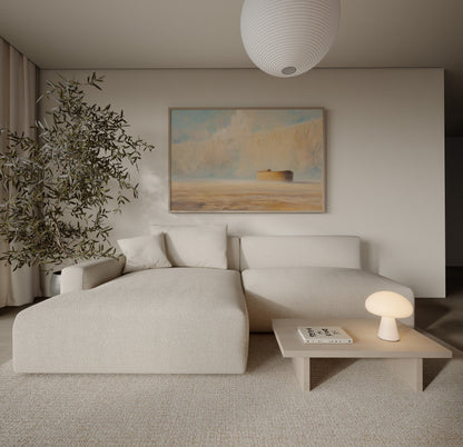 Ethereal Genesis flood painting showing Noah's Ark beneath an immense waterfall, framed and displayed beside a cream couch