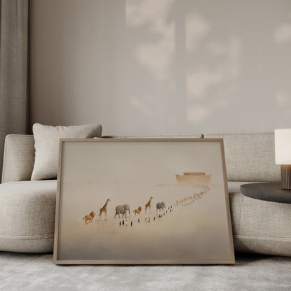 Christian painting of Noah’s Ark with animals ascending in pairs, rendered in a modern minimalist style with soft muted tones and a serene, spiritual atmosphere.
