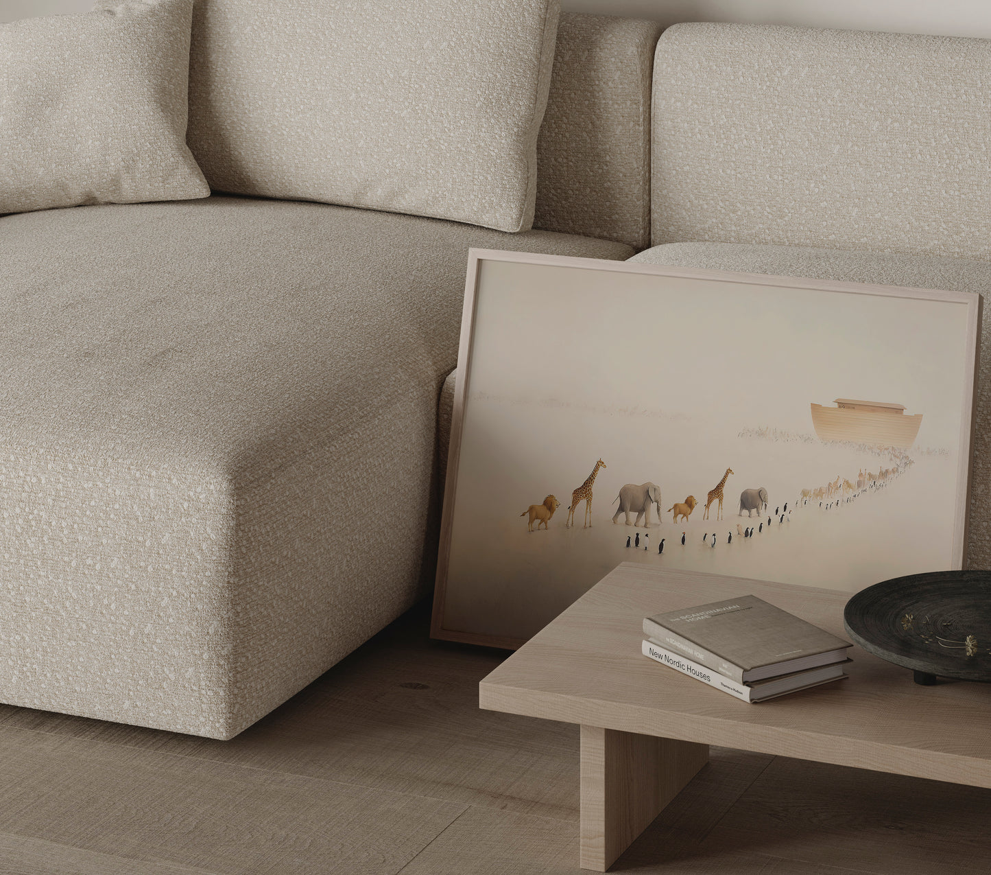 Minimalist Christian wall art showing Noah’s Ark with animals in pairs, soft muted tones, and a tranquil, reflective atmosphere.