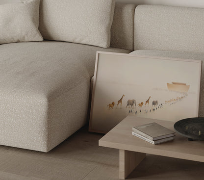 Minimalist Christian wall art showing Noah’s Ark with animals in pairs, soft muted tones, and a tranquil, reflective atmosphere.