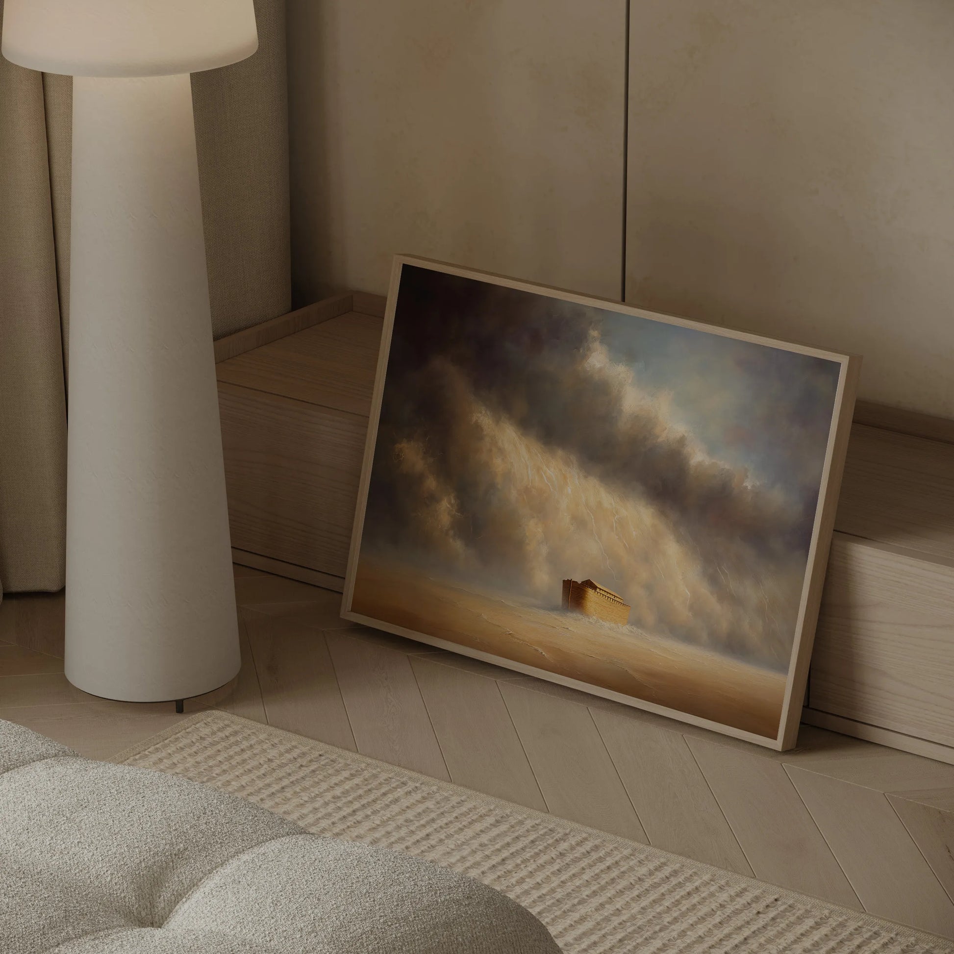 Dramatic Genesis storm painting showing the Ark on barren ground as lightning strikes, framed and leaning beside a cream couch