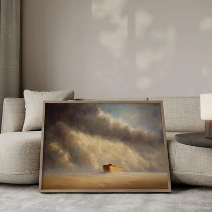 The Coming Storm Noah's Ark wall art print in a gold frame leaning against a modern beige sofa – biblical home decor by JesusArtworks