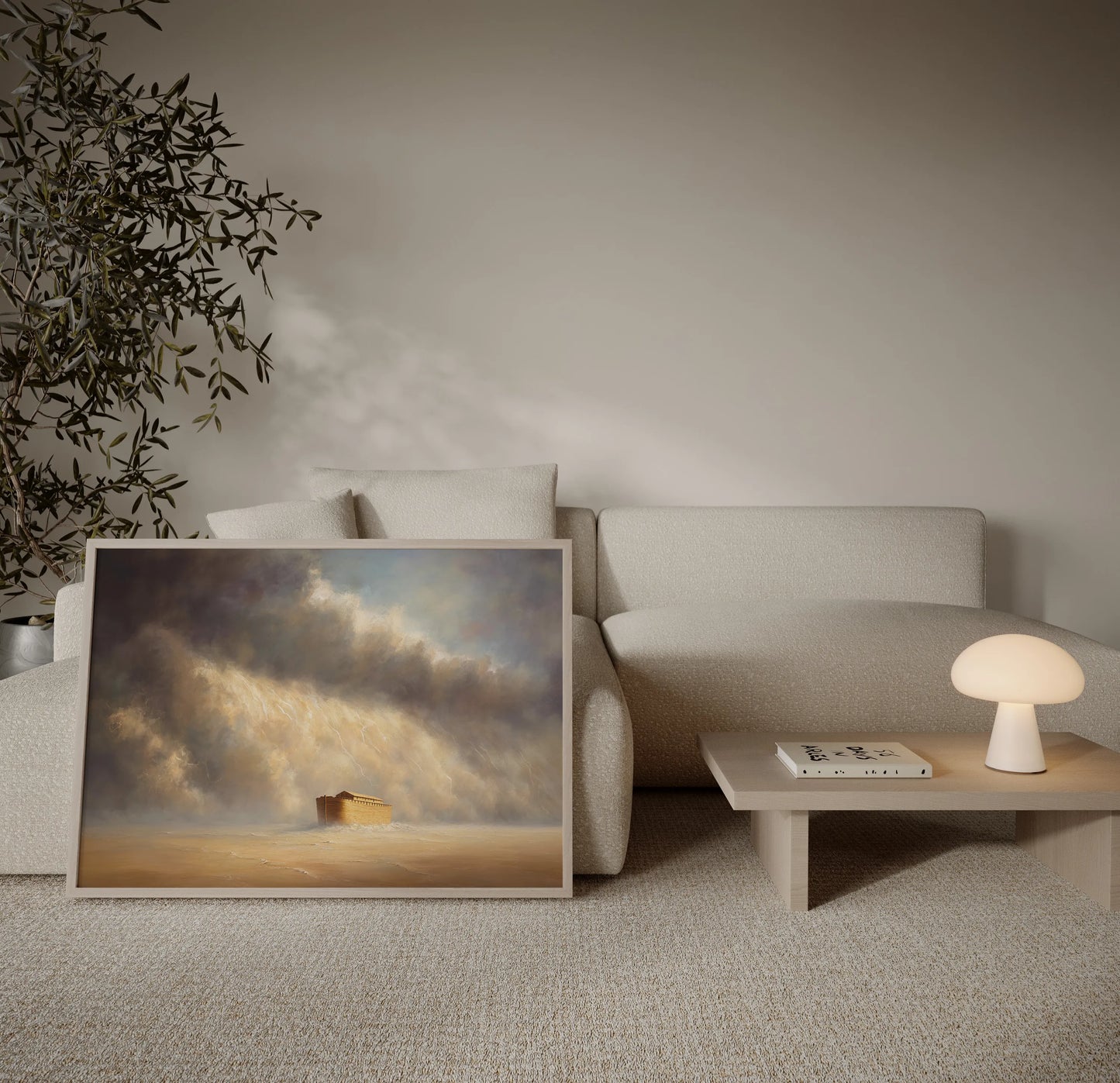 Framed painting of Noah's Ark beneath dramatic storm clouds and lightning displayed in a neutral minimalist living room