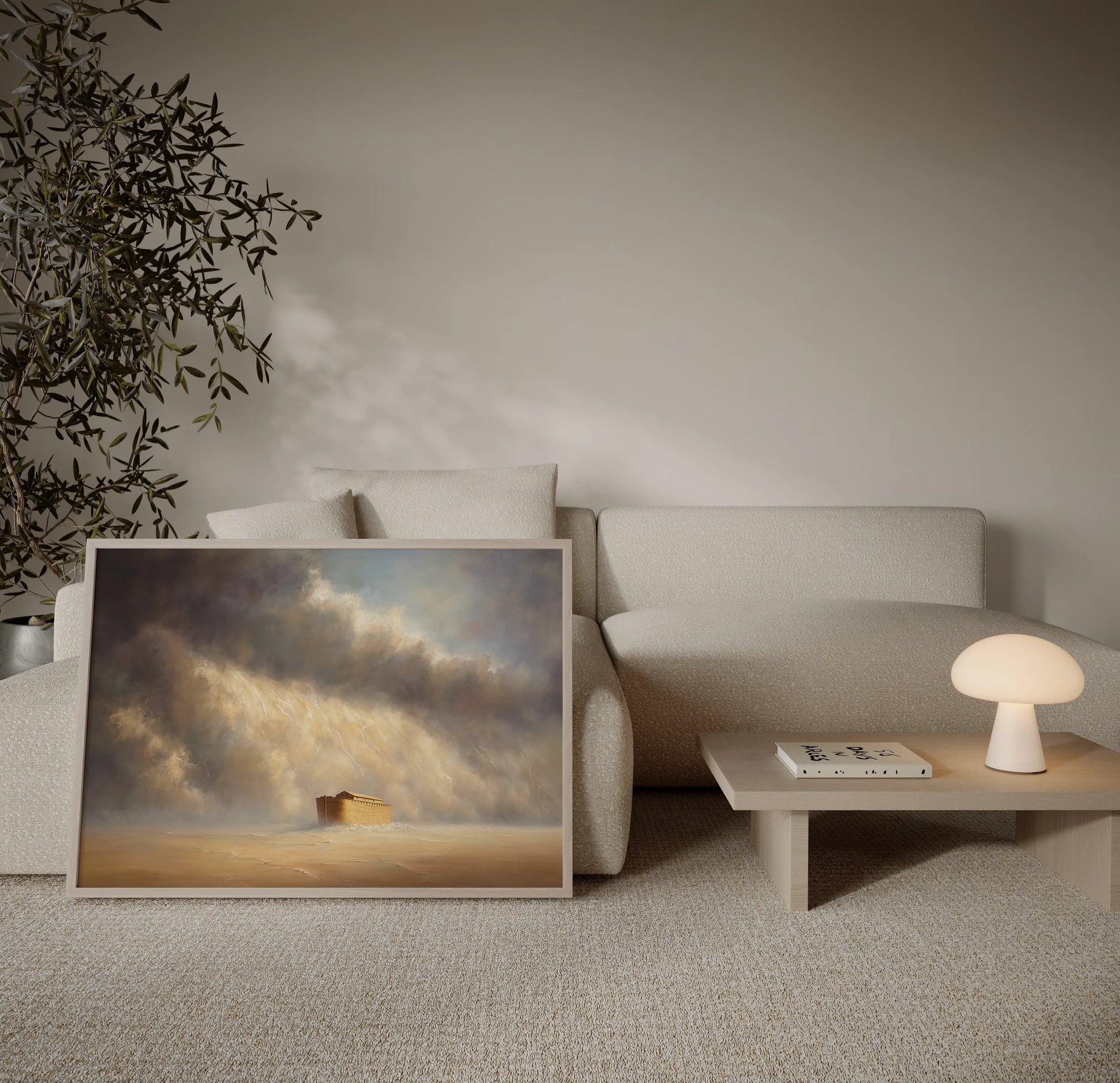 Framed painting of Noah's Ark beneath dramatic storm clouds and lightning displayed in a neutral minimalist living room