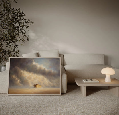 Framed painting of Noah's Ark beneath dramatic storm clouds and lightning displayed in a neutral minimalist living room