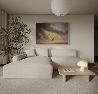 Noah's Ark storm clouds wall art print in a thin frame in a modern neutral living room setting – JesusArtworks