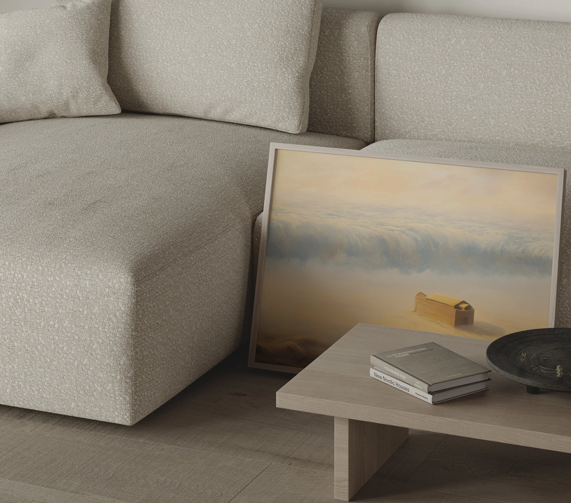 Minimalist Noah's Ark biblical wall art print in a thin frame displayed in a modern neutral living room setting – JesusArtworks