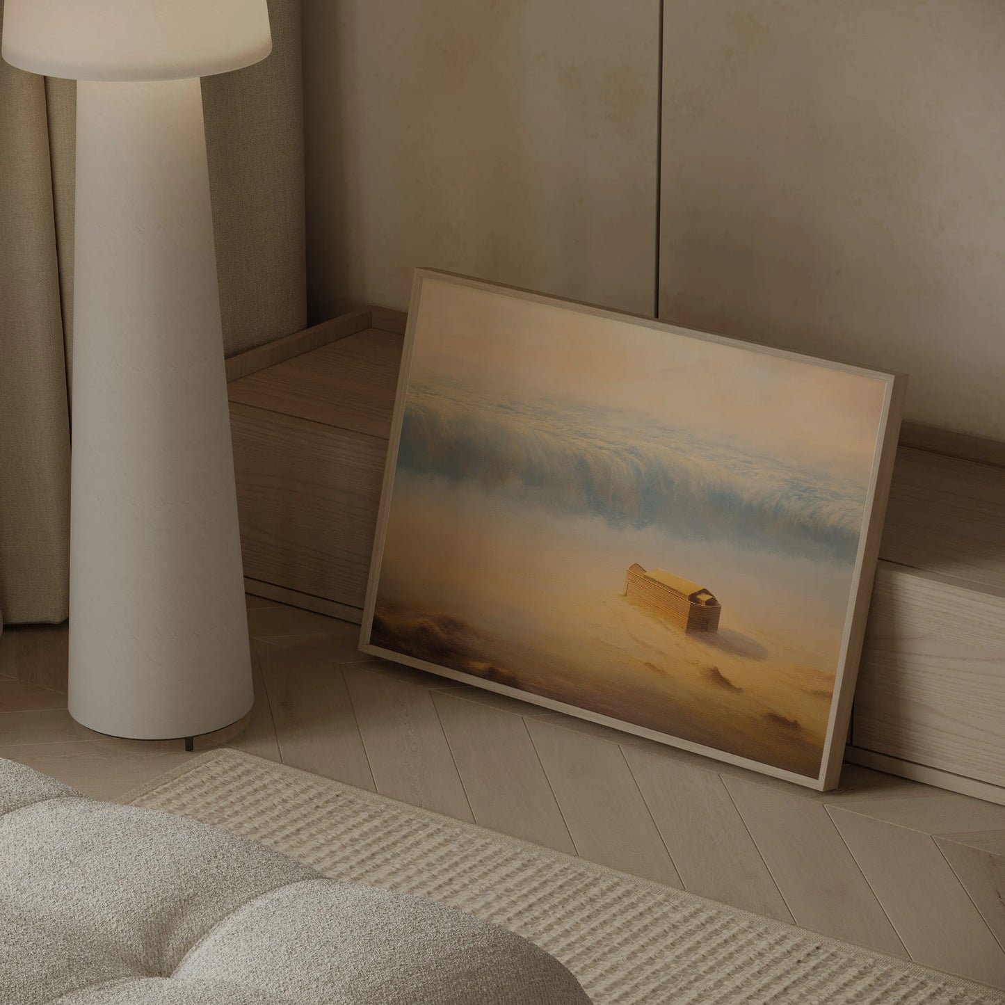 Genesis flood painting showing Noah's Ark on sandy ground before a wall of water, framed and leaning beside a cream couch