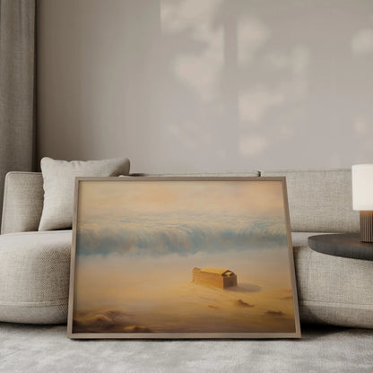 Carried by Grace Noah's Ark wall art print in a gold frame leaning against a modern beige sofa – biblical home decor by JesusArtworks