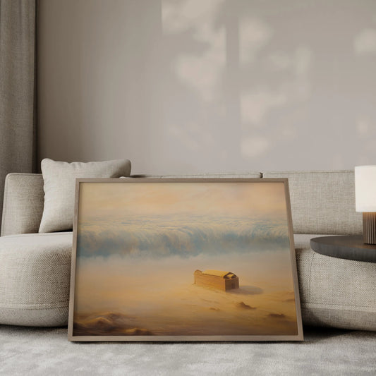 Carried by Grace Noah's Ark wall art print in a gold frame leaning against a modern beige sofa – biblical home decor by JesusArtworks