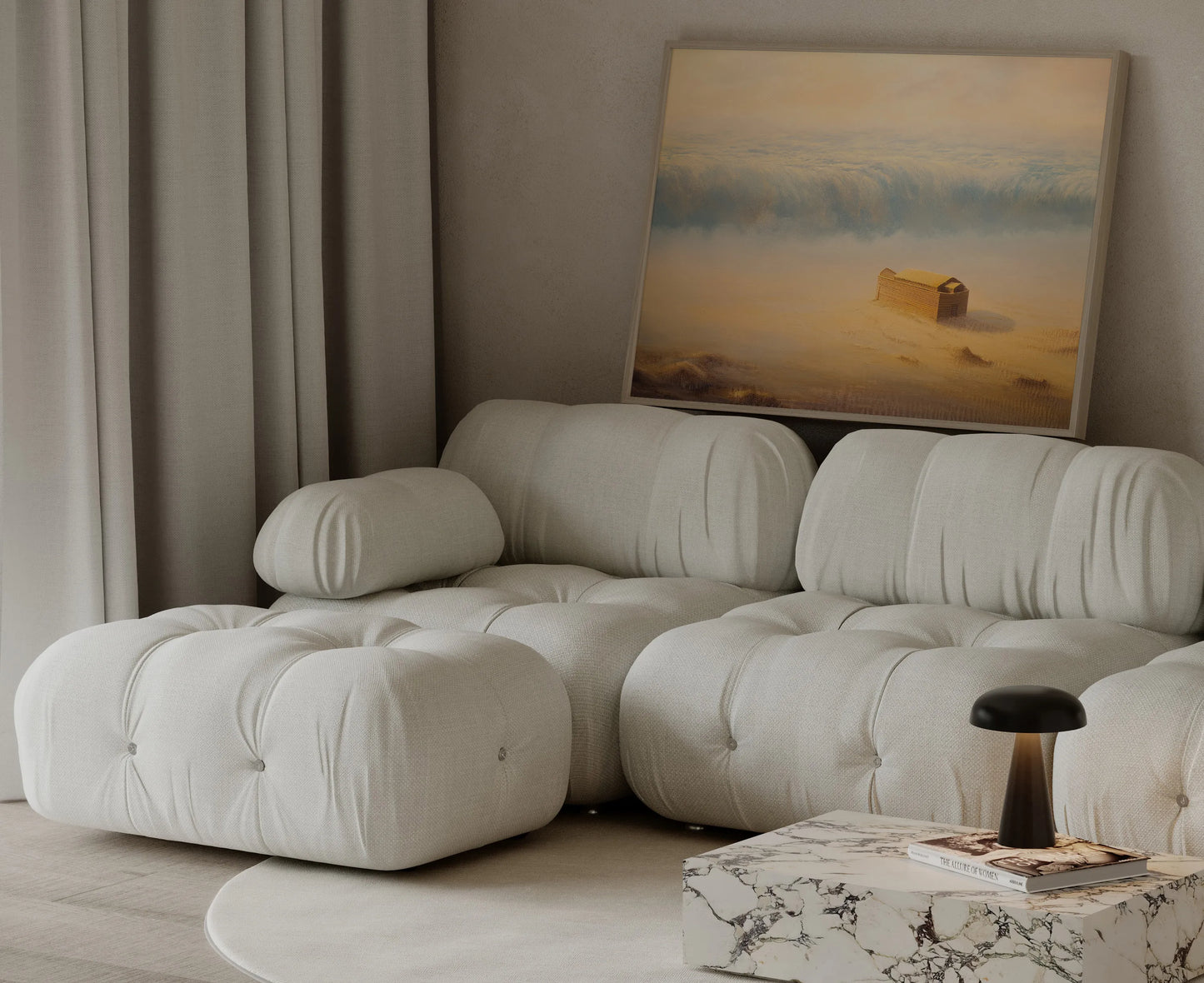 Ethereal Noah's Ark art print with warm golden sand tones and crashing waves styled in a contemporary Scandinavian interior