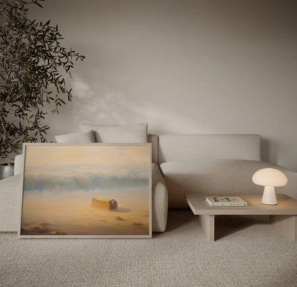 Framed painting of Noah's Ark adrift in vast floodwaters with a massive wave approaching, displayed in a neutral minimalist living room