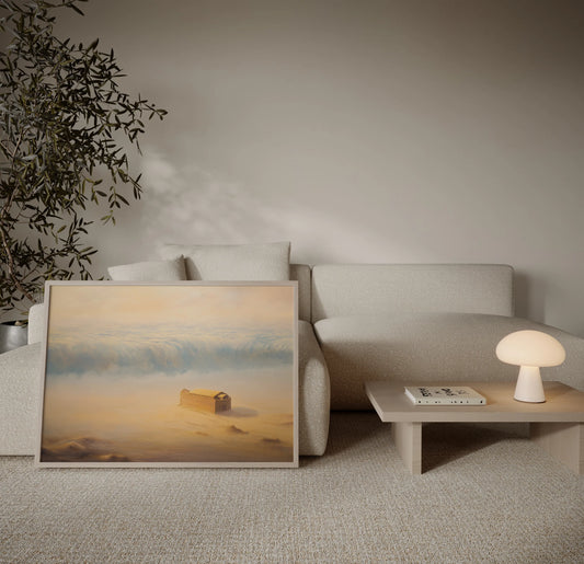 Framed painting of Noah's Ark adrift in vast floodwaters with a massive wave approaching, displayed in a neutral minimalist living room