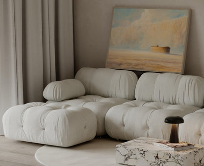 Framed painting of Noah's Ark beneath a cascading wall of floodwater displayed in a neutral minimalist living room