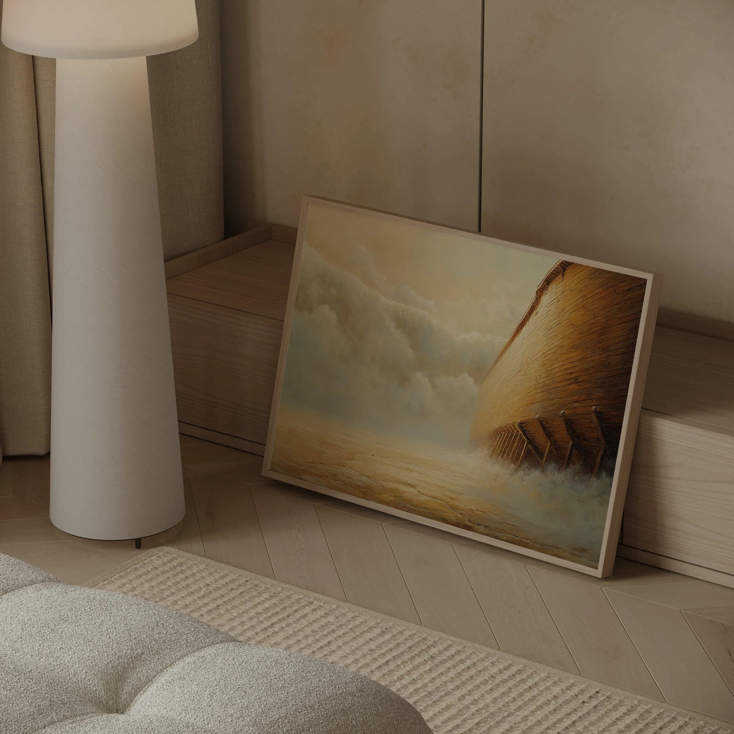 Dramatic Noah's Ark hull art print with storm clouds and crashing waves styled in a contemporary Scandinavian interior