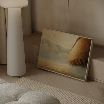 Dramatic Noah's Ark hull art print with storm clouds and crashing waves styled in a contemporary Scandinavian interior