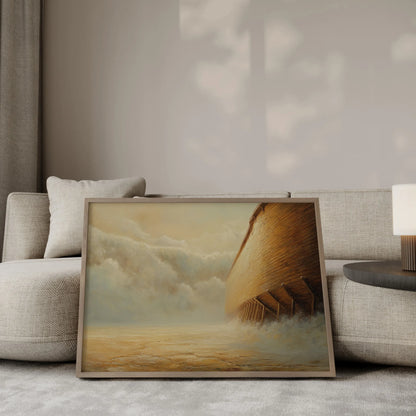 The Refuge Noah's Ark wall art print in a gold frame leaning against a modern beige sofa – biblical home decor by JesusArtworks