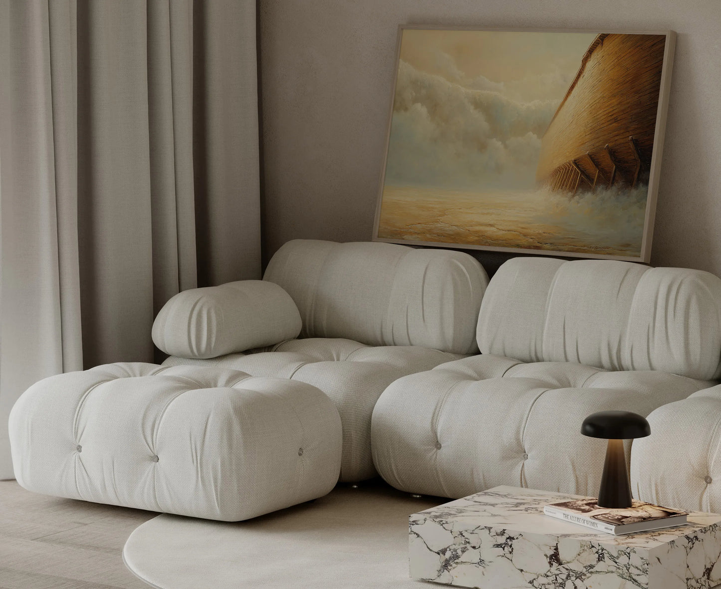 Close-up Genesis flood painting showing the towering side of Noah's Ark, framed and leaning beside a cream couch