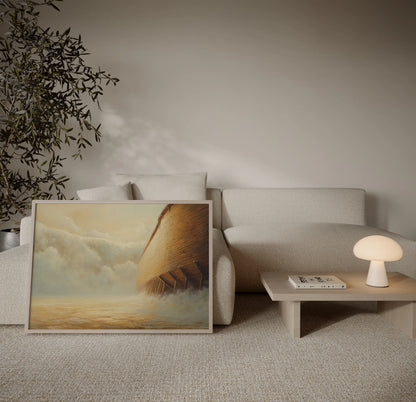 Framed close-up painting of Noah's Ark massive wooden hull with rising floodwaters displayed in a neutral minimalist living room