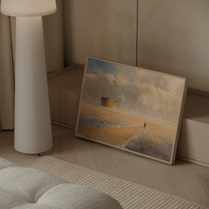 Genesis flood painting showing a lone figure of Noah walking toward the Ark, framed and displayed beside a cream couch