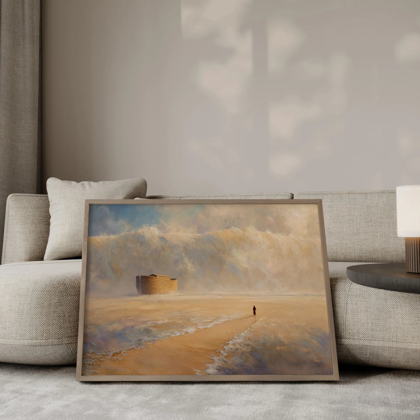 God's Promise Noah's Ark wall art print in a gold frame leaning against a modern beige sofa – biblical home decor by JesusArtworks