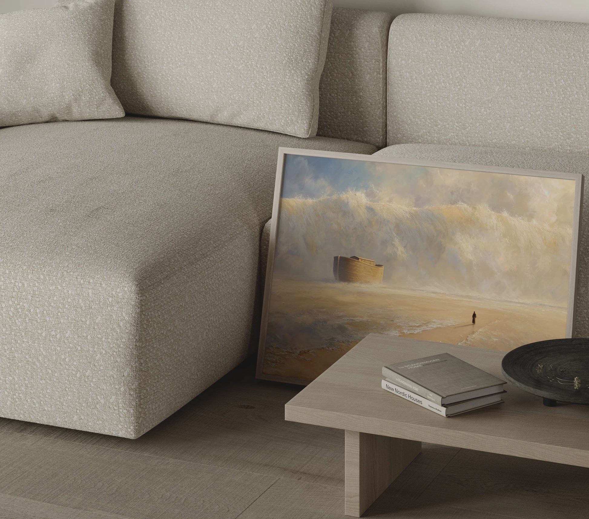 Dramatic Noah's Ark wall art print with towering waves in a thin frame in a modern neutral living room setting – JesusArtworks