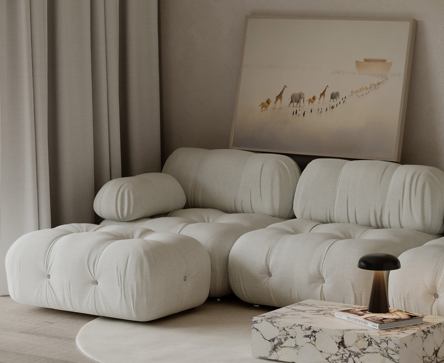 Modern minimalist Christian painting of Noah’s Ark, with a simplified composition, soft textures, and ambient light evoking hope and reflection.