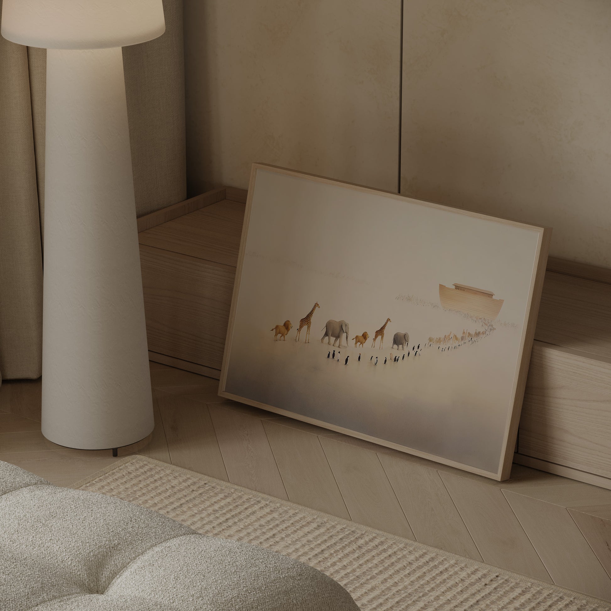 Christian painting depicting a procession of animals approaching Noah’s Ark, rendered with minimalist lines, soft brushwork, and gentle ambient light.