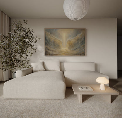 Ethereal Christian artwork of Moses parting the Red Sea, featuring soft impressionist brushstrokes, warm neutral palette, and glowing spiritual light.