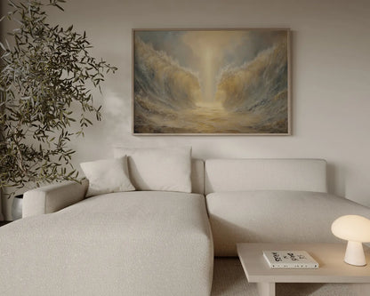 Biblical Exodus miracle art print with golden light and parted sea – JesusArtworks