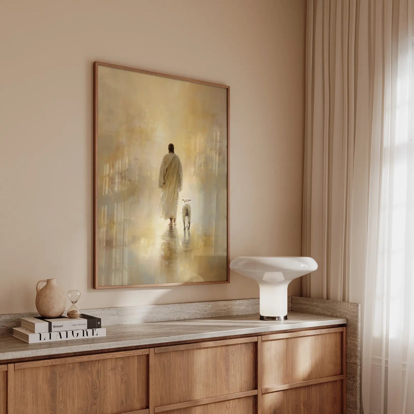 Side angle of religious art print showing premium matte paper finish and lack of glare under light