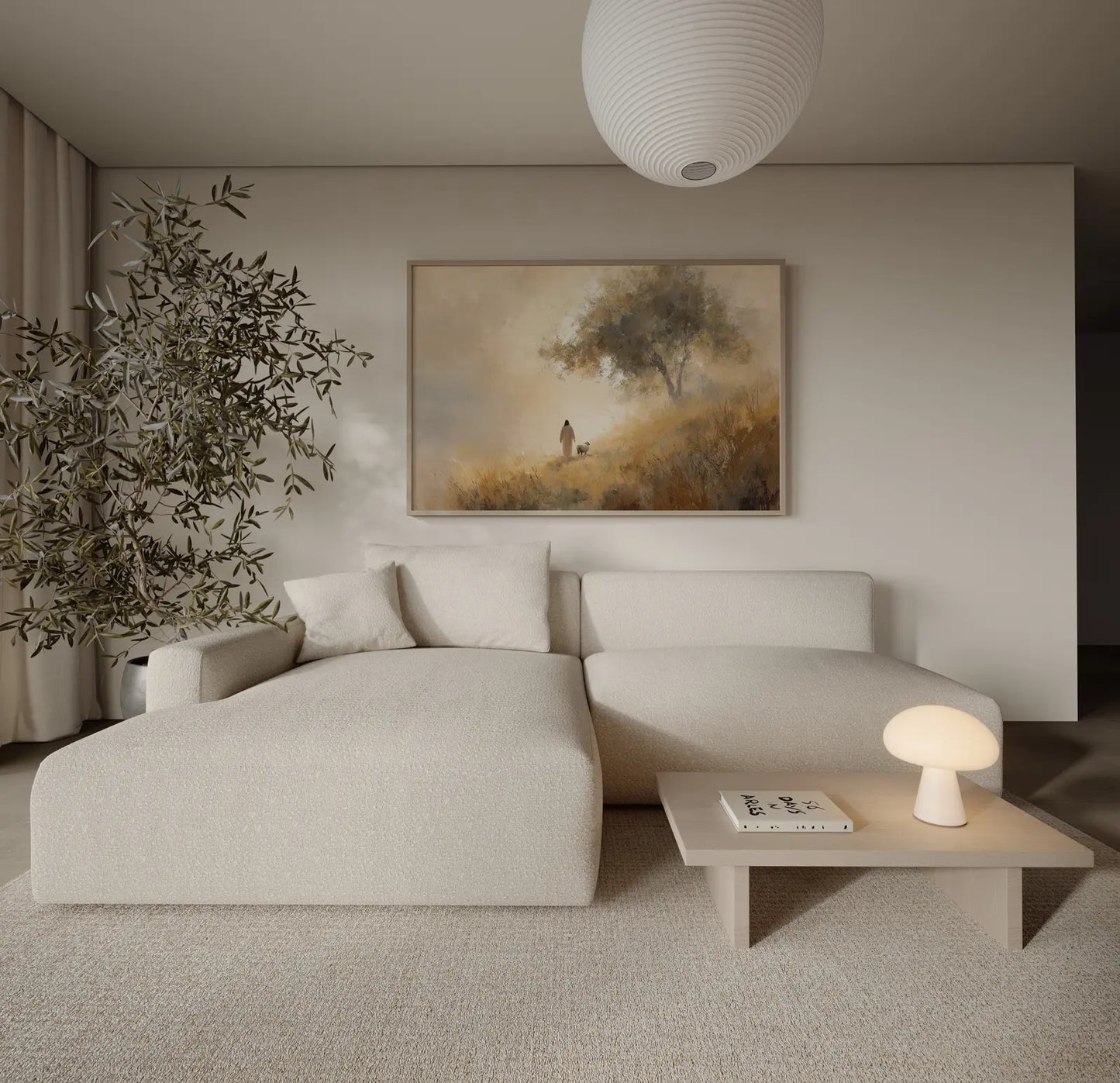 Jesus and lamb walking toward golden light wall art print in a thin frame in a modern neutral living room – JesusArtworks