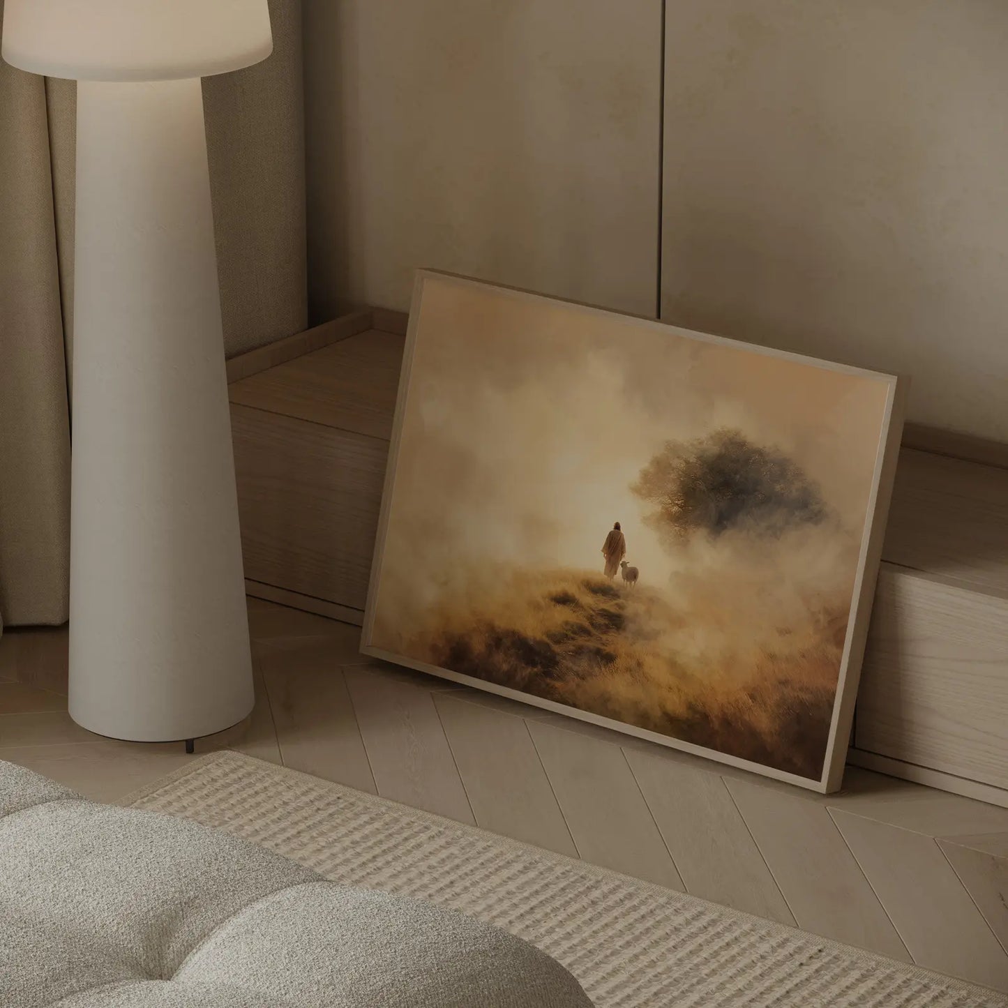 Jesus and lamb walking wall art print in warm earthy tones in a thin frame in a modern neutral living room – JesusArtworks