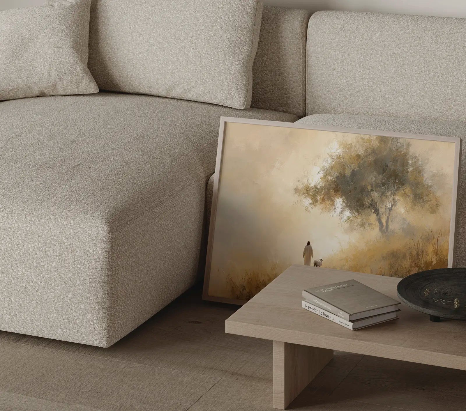 Beside Still Waters framed Christian art print of Jesus walking with a lamb inspired by Psalm 23 displayed as modern wall decor