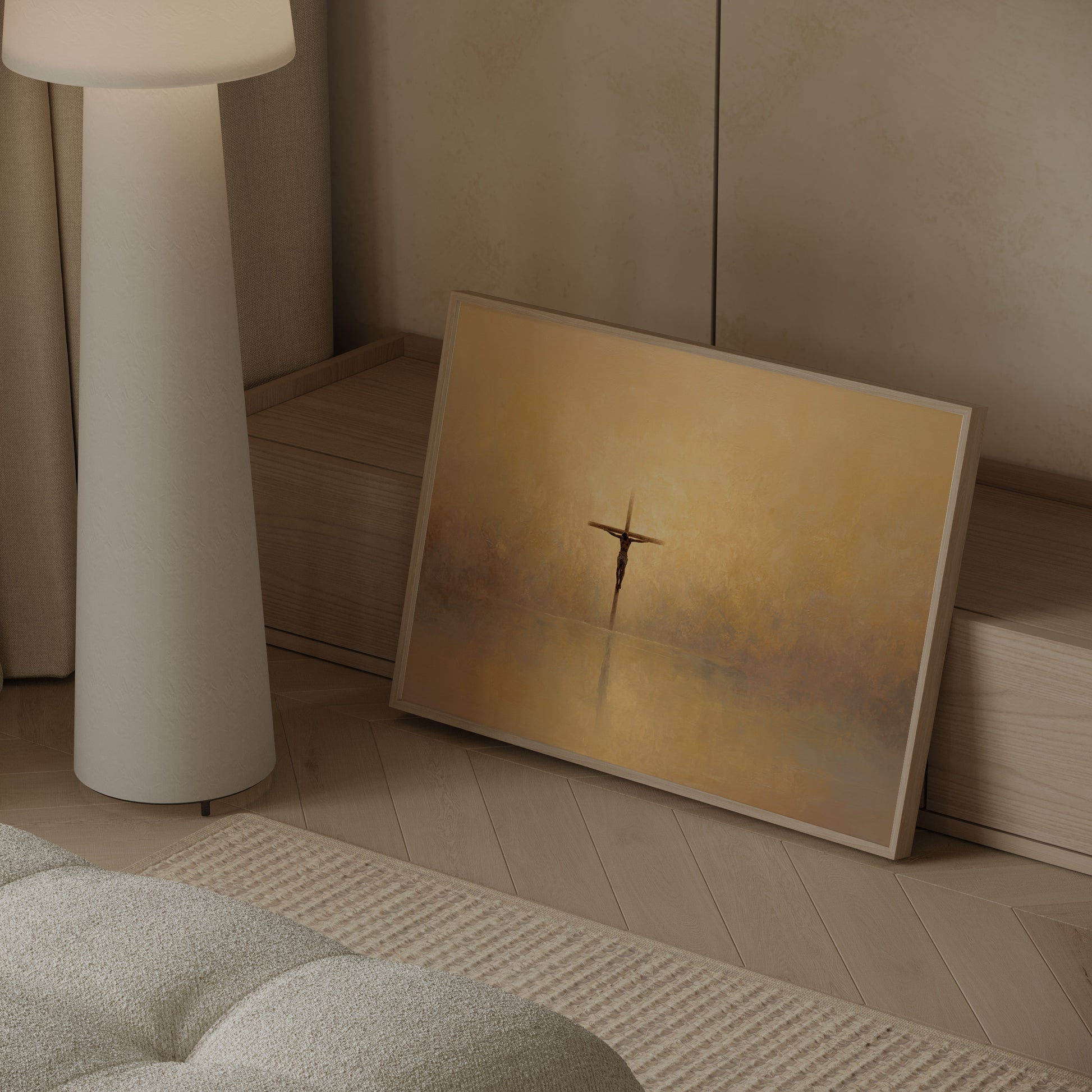 Religious art print of Jesus on the cross in modern golden hues with a peaceful, contemporary feel