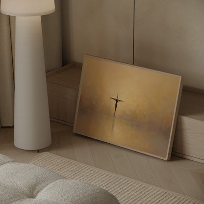 Religious art print of Jesus on the cross in modern golden hues with a peaceful, contemporary feel