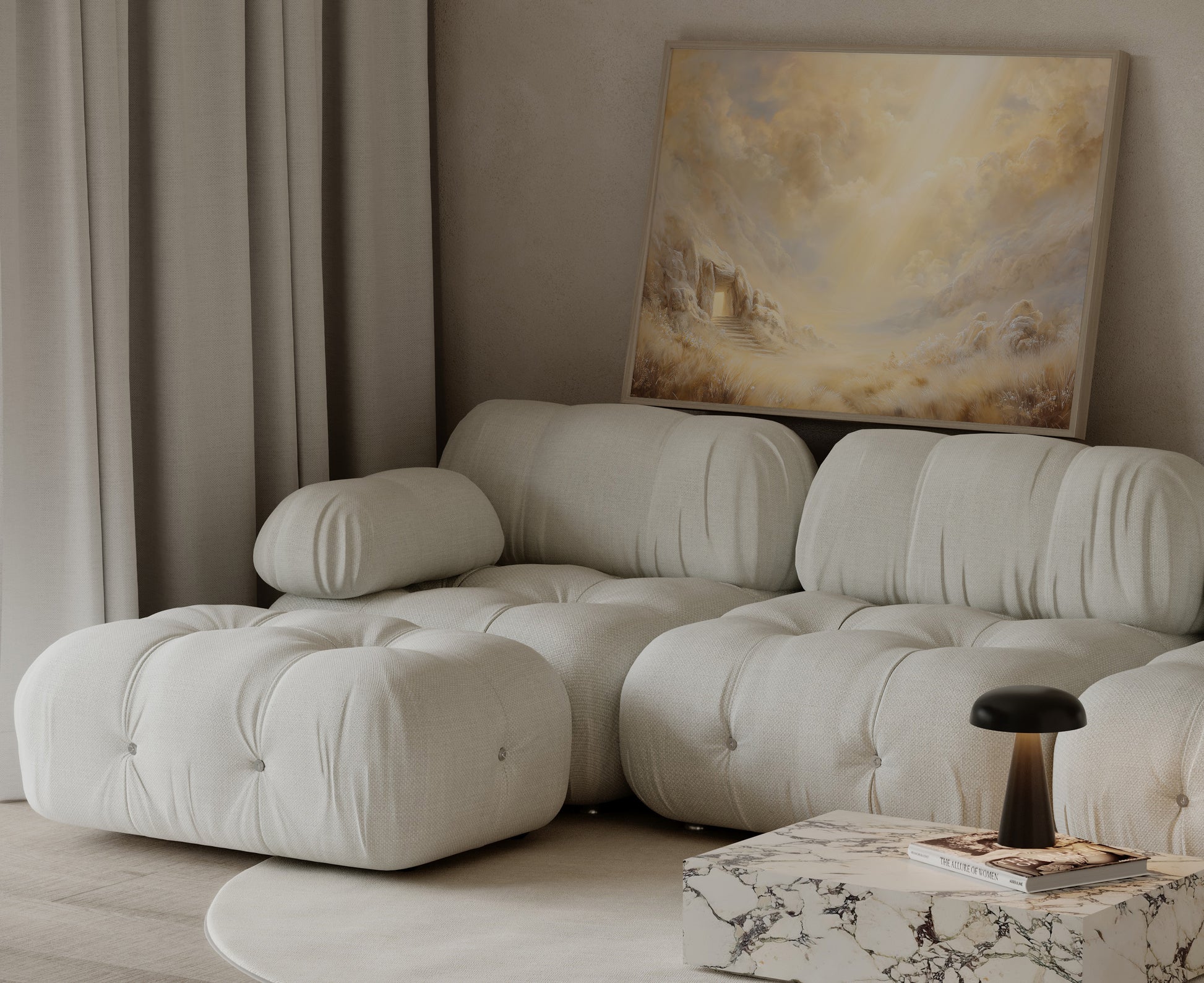 Soft-focus modern painting of the resurrected Jesus in the tomb, featuring tonal palette, gentle brushwork, and serene, divine illumination.