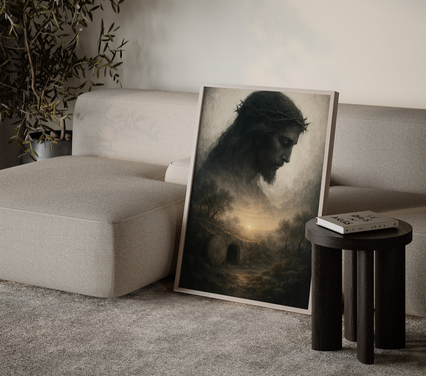 Symbolic Christian painting of the resurrection in the cave, emphasizing divine light, muted tonal palette, and a serene, spiritual scene.