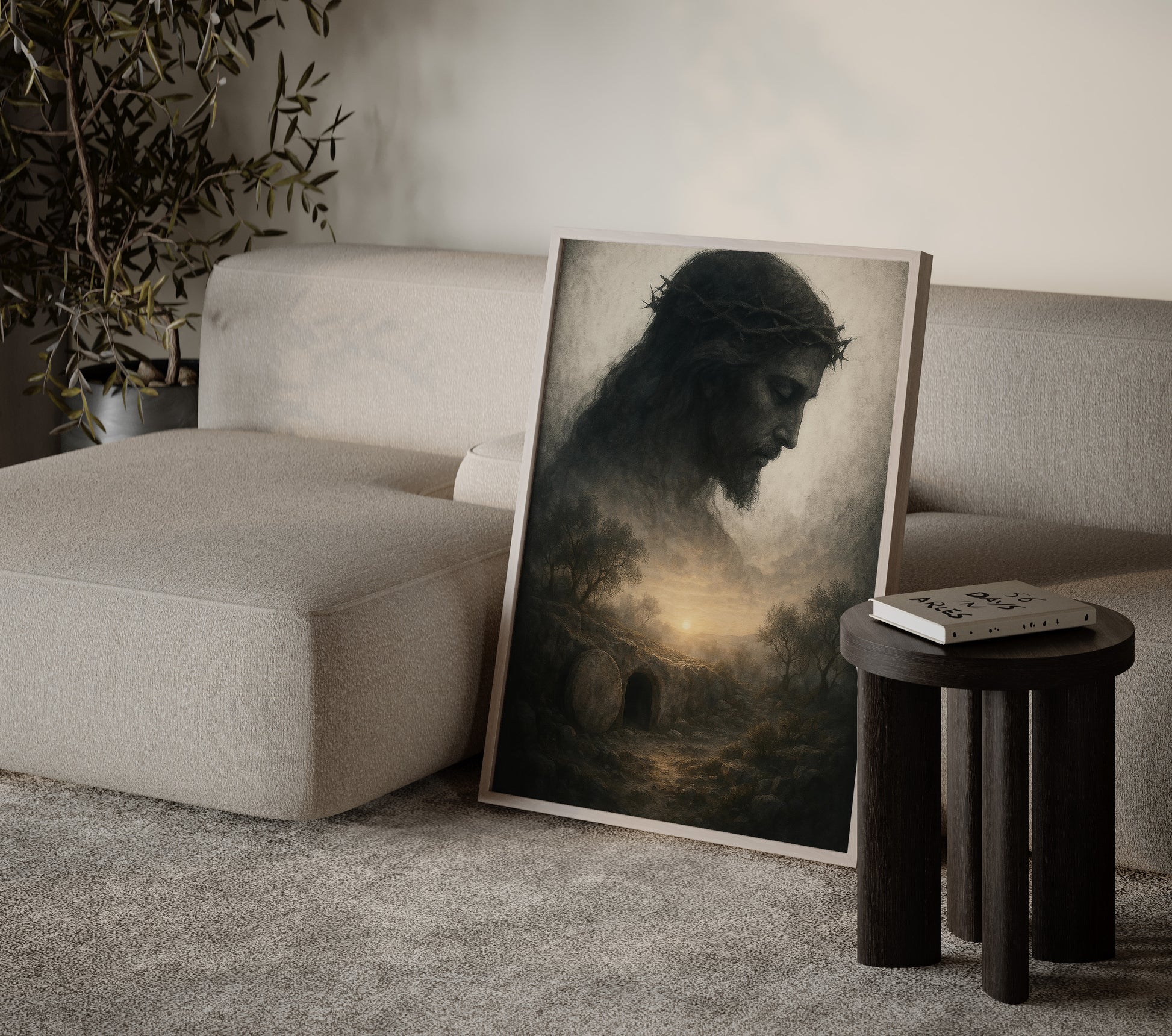 Symbolic Christian painting of the resurrection in the cave, emphasizing divine light, muted tonal palette, and a serene, spiritual scene.