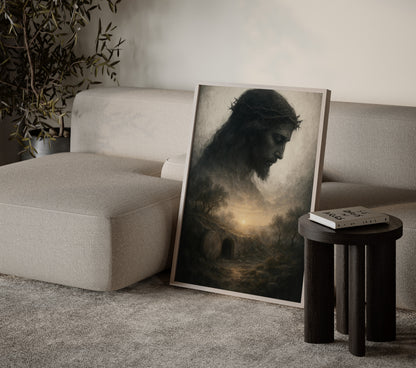 Symbolic Christian painting of the resurrection in the cave, emphasizing divine light, muted tonal palette, and a serene, spiritual scene.