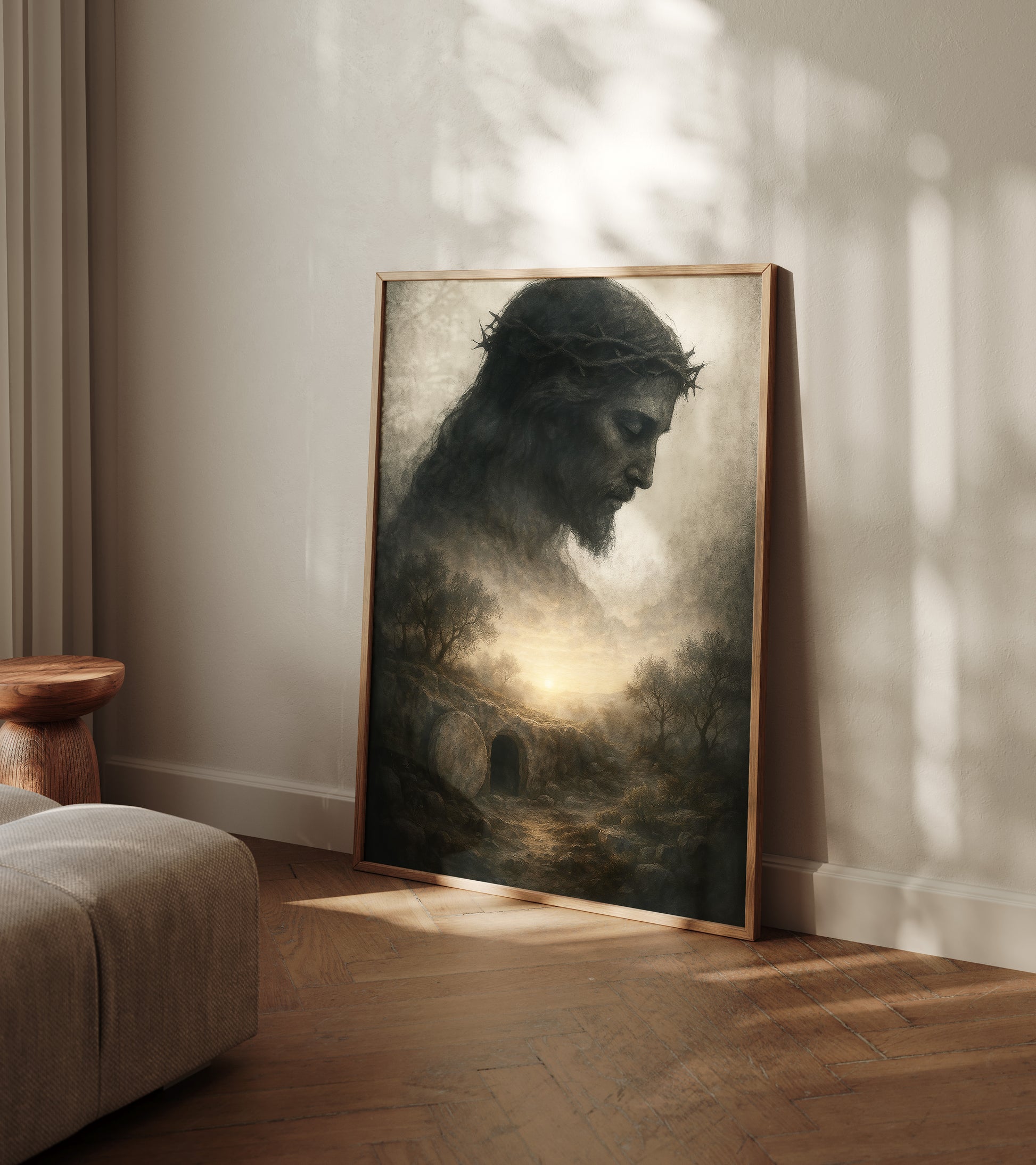 Christian painting of Christ’s resurrection in the cave, illuminated by golden light, with soft brushwork and a spiritual, hopeful mood.