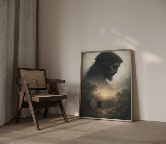 Modern Christian painting of Jesus rising from the cave, featuring tonal colors, ethereal light, and a contemplative yet victorious atmosphere.